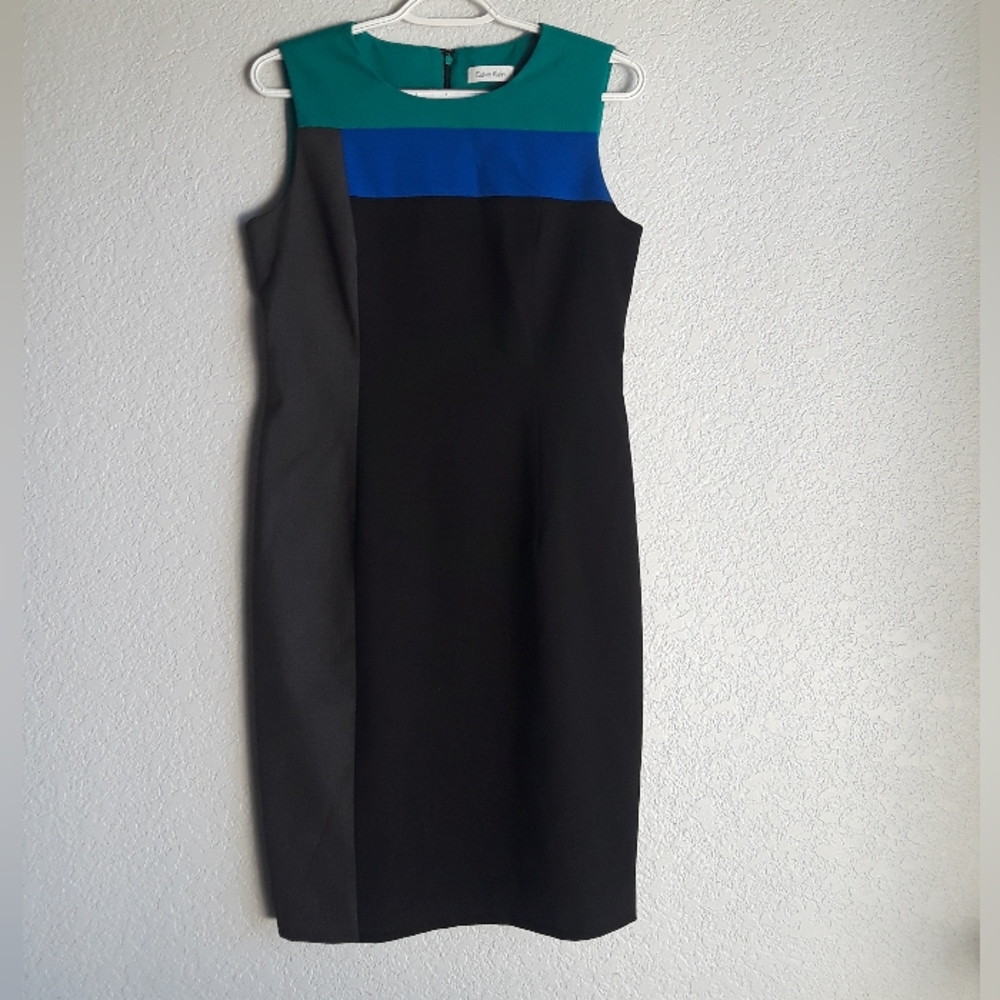 Calvin Klein Black, Blue, and Green Sheath Midi Dress